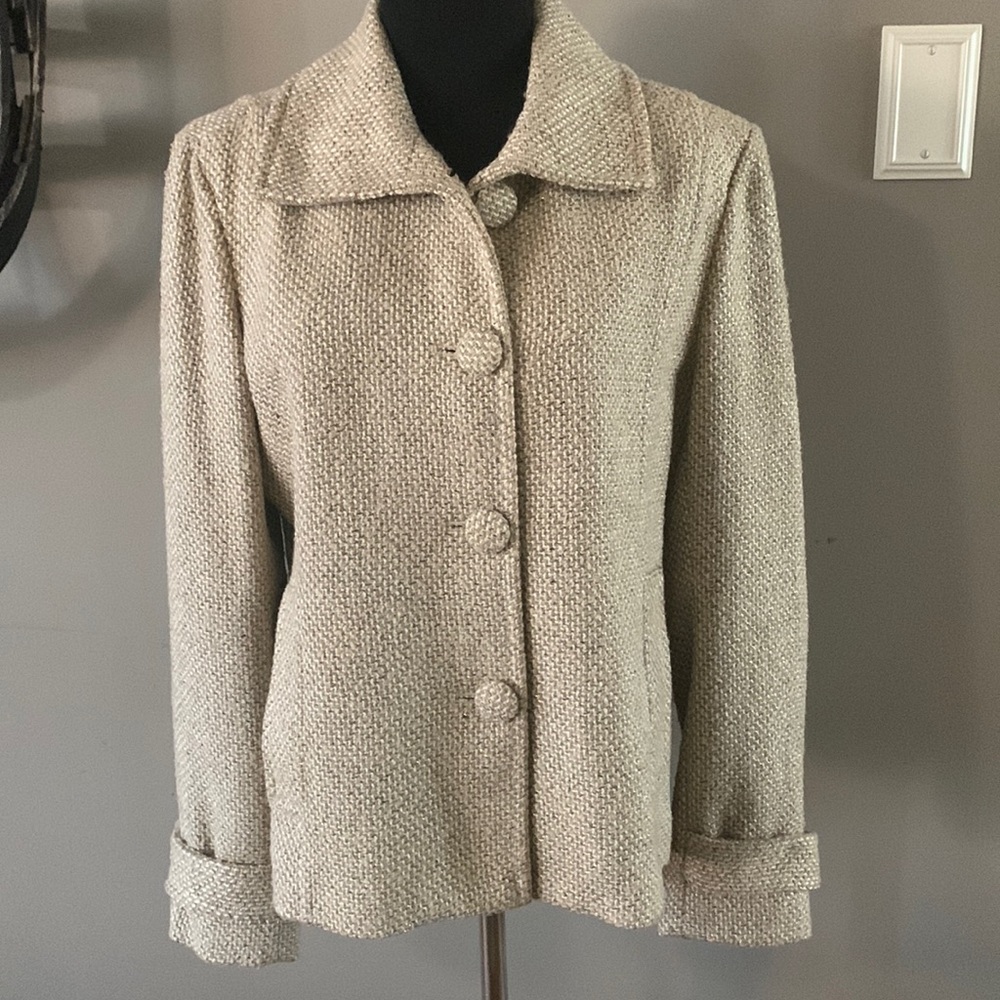 Chicos jacket, metallic gold, size (1). pockets, fabric buttons.  wool blend.